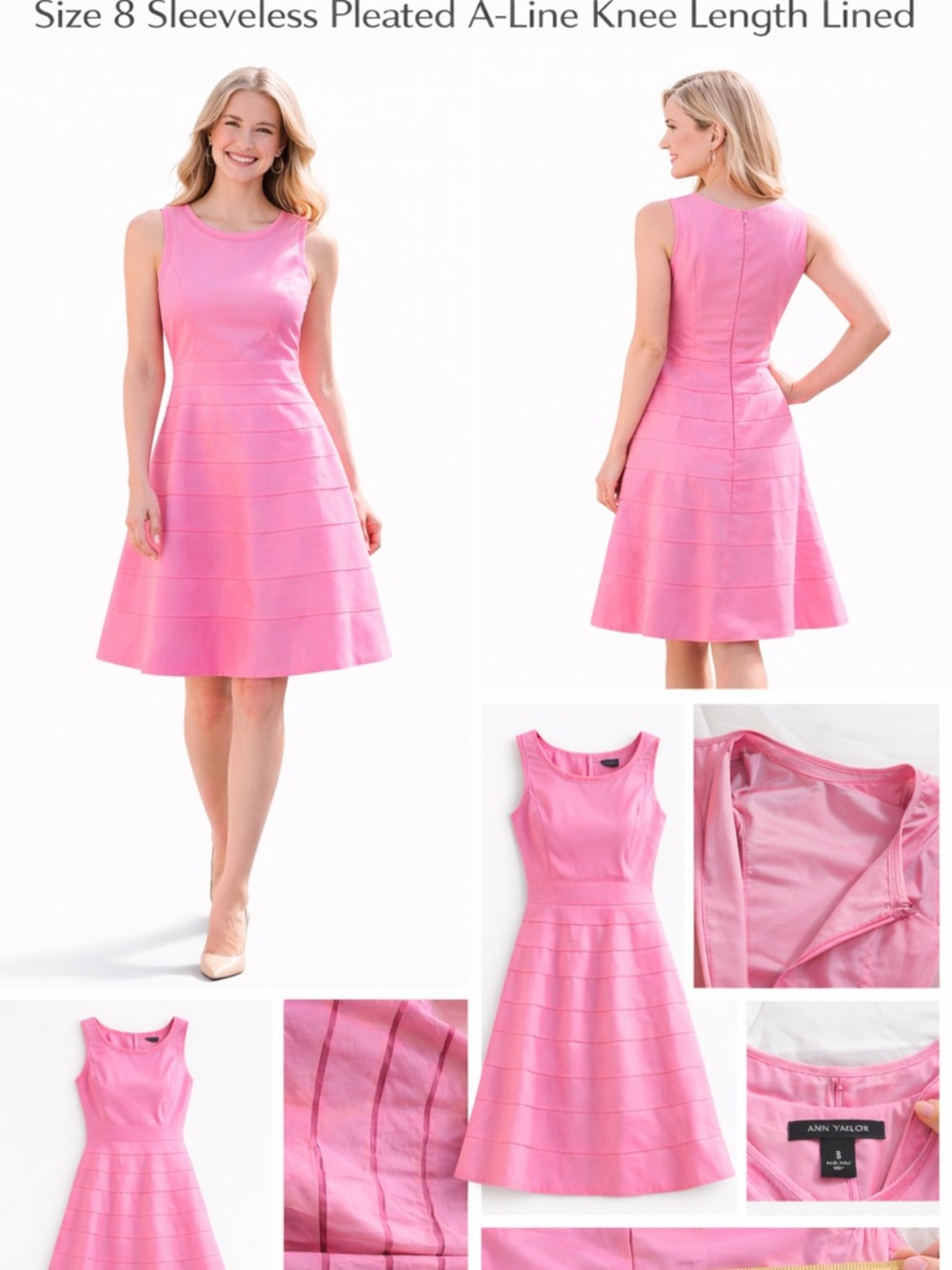 Ann Taylor Pink Fit Flare Dress SZ 8 Sleeveless Pleated A-Line Knee Length Lined - Picture 3 of 8